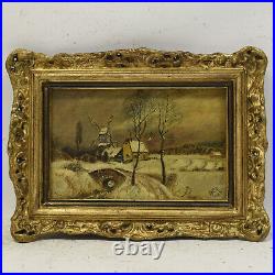 1925 Peinture ancienne à l'huile sur toile paysage d'hiver 40x30 cm