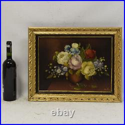 1976 Peinture ancienne à l'huile sur toile fleurs dans un vase 50x40 cm