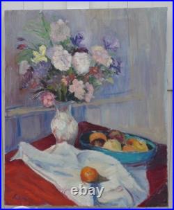 ANDRÉ REY XXe -GRANDE & BELLE TOILE -LUMINEUSE NATURE-MORTE AUX FLEURS & FRUITS