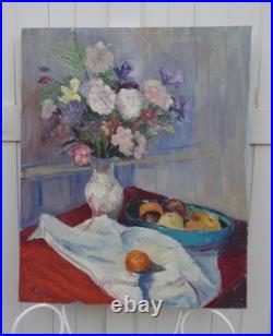 ANDRÉ REY XXe -GRANDE & BELLE TOILE -LUMINEUSE NATURE-MORTE AUX FLEURS & FRUITS