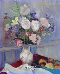 ANDRÉ REY XXe -GRANDE & BELLE TOILE -LUMINEUSE NATURE-MORTE AUX FLEURS & FRUITS