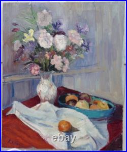 ANDRÉ REY XXe -GRANDE & BELLE TOILE -LUMINEUSE NATURE-MORTE AUX FLEURS & FRUITS