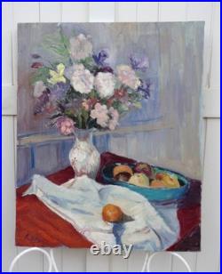 ANDRÉ REY XXe -GRANDE & BELLE TOILE -LUMINEUSE NATURE-MORTE AUX FLEURS & FRUITS