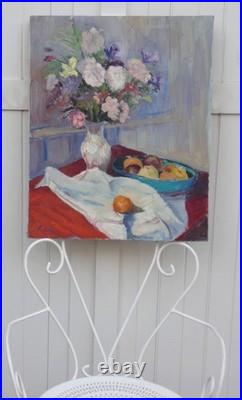 ANDRÉ REY XXe -GRANDE & BELLE TOILE -LUMINEUSE NATURE-MORTE AUX FLEURS & FRUITS