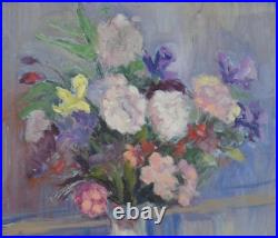 ANDRÉ REY XXe -GRANDE & BELLE TOILE -LUMINEUSE NATURE-MORTE AUX FLEURS & FRUITS