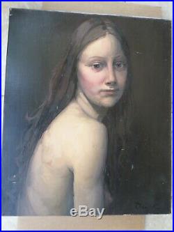 Alain DEQUET (1920-1980)-Tableau-huile-portrait femme-nu-HST-oil