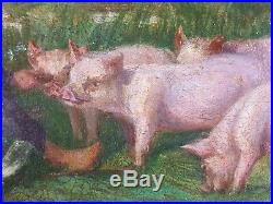 Ancien Tableau Cochons au Pré Peinture Huile Antique Oil Painting Ölgemälde