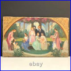 Ancien Tableau HST Symboliste La Cérémonie dans le Parc Signé -1900's