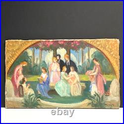 Ancien Tableau HST Symboliste La Cérémonie dans le Parc Signé -1900's