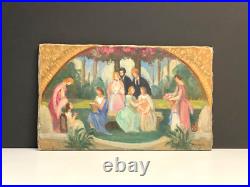 Ancien Tableau HST Symboliste La Cérémonie dans le Parc Signé -1900's