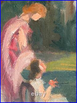 Ancien Tableau HST Symboliste La Cérémonie dans le Parc Signé -1900's