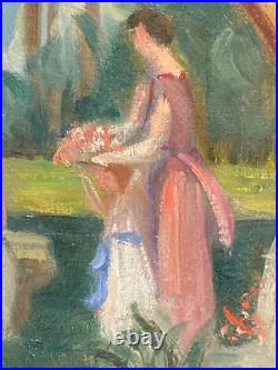 Ancien Tableau HST Symboliste La Cérémonie dans le Parc Signé -1900's