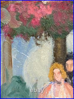 Ancien Tableau HST Symboliste La Cérémonie dans le Parc Signé -1900's