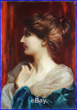 Ancien Tableau Jeune Femme de Profil Peinture Huile Antique Painting Dipinto