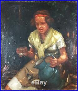 Ancien Tableau Jeune Fille à la Cruche Peinture Huile Antique Oil Painting