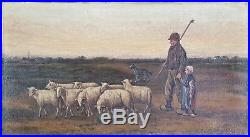 Ancien Tableau Moutons au Pâturage Peinture Huile Antique Oil Painting