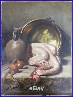 Ancien Tableau Nature Morte avec Poulet Peinture Huile Antique Oil Painting