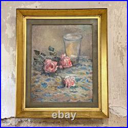 Ancien Tableau Peinture Huile sur Toile Nature Morte aux Roses Art Lorrain