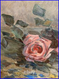 Ancien Tableau Peinture Huile sur Toile Nature Morte aux Roses Art Lorrain
