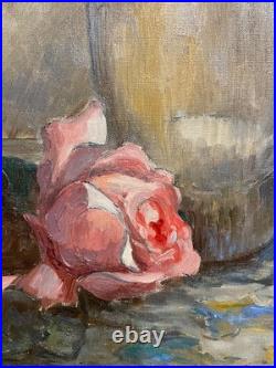 Ancien Tableau Peinture Huile sur Toile Nature Morte aux Roses Art Lorrain
