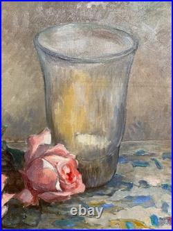 Ancien Tableau Peinture Huile sur Toile Nature Morte aux Roses Art Lorrain