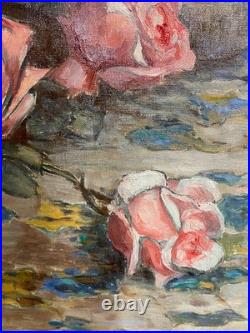Ancien Tableau Peinture Huile sur Toile Nature Morte aux Roses Art Lorrain