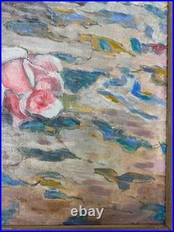 Ancien Tableau Peinture Huile sur Toile Nature Morte aux Roses Art Lorrain