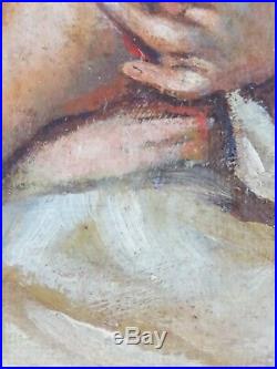 Ancien Tableau Portrait de Fillette Peinture Huile Antique Oil Painting