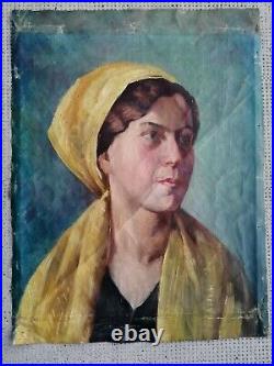 Ancien portrait femme peinture sur toile peintre suisse Chavaz Oil on canvas
