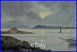 Ancien tableau HST marine paysage Hyères Porquerolles Côte d'Azur signé XXème