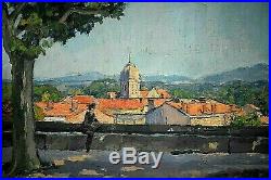 Ancien tableau HST vue animé de la terrasse du Peyrou Montpellier signé XXe