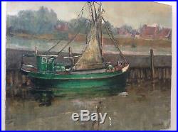 Ancien tableau Impressionniste Bateau Chalutier au Port en Bretagne Huile signée