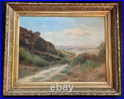 Ancien tableau XIX 19 Barbizon paysage arbres montagne campagne peinture cadre
