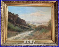 Ancien tableau XIX 19 Barbizon paysage arbres montagne campagne peinture cadre