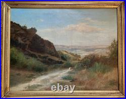Ancien tableau XIX 19 Barbizon paysage arbres montagne campagne peinture cadre