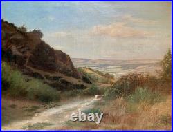 Ancien tableau XIX 19 Barbizon paysage arbres montagne campagne peinture cadre