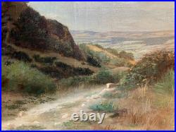Ancien tableau XIX 19 Barbizon paysage arbres montagne campagne peinture cadre