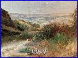 Ancien tableau XIX 19 Barbizon paysage arbres montagne campagne peinture cadre