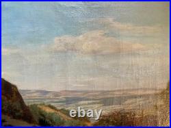 Ancien tableau XIX 19 Barbizon paysage arbres montagne campagne peinture cadre