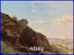 Ancien tableau XIX 19 Barbizon paysage arbres montagne campagne peinture cadre
