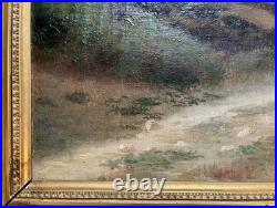 Ancien tableau XIX 19 Barbizon paysage arbres montagne campagne peinture cadre