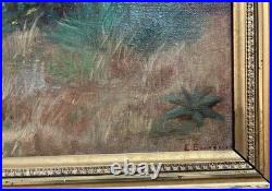 Ancien tableau XIX 19 Barbizon paysage arbres montagne campagne peinture cadre