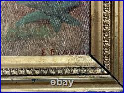 Ancien tableau XIX 19 Barbizon paysage arbres montagne campagne peinture cadre