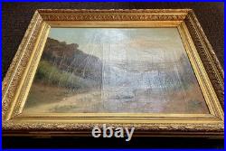 Ancien tableau XIX 19 Barbizon paysage arbres montagne campagne peinture cadre