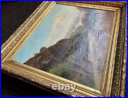 Ancien tableau XIX 19 Barbizon paysage arbres montagne campagne peinture cadre