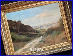 Ancien tableau XIX 19 Barbizon paysage arbres montagne campagne peinture cadre