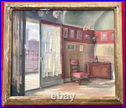 Ancien tableau XIX XX scène d'intérieur portrait maison nature morte peinture