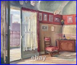 Ancien tableau XIX XX scène d'intérieur portrait maison nature morte peinture