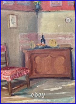Ancien tableau XIX XX scène d'intérieur portrait maison nature morte peinture