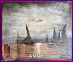 Ancien tableau XIX marine mer bateau clair de lune orientaliste Venise peinture